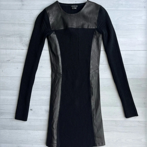 Theory Black Lambskin Leather Trim Long Sleeve Stretch Sweater Dress Size P/TP - Picture 1 of 11